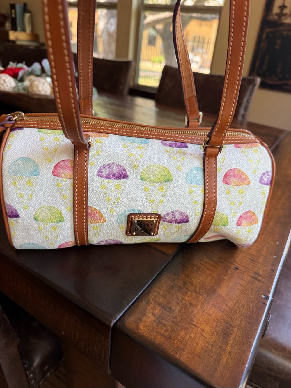 Dooney & Bourke Multicolor snow cone barrel bag- Cream with Brown Trim